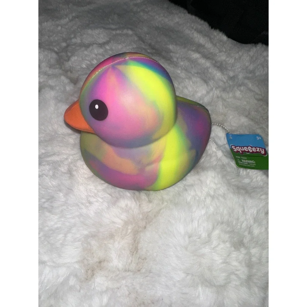 Squeezy Rainbow Rubber Duck Sensory Fidget Toy Pink Blue Tie Dye Stress Relief 2